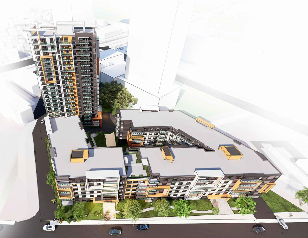 Rendering of building from page 1 of the file '2022-12-05 -Aerial Views Sheet A53 - D07-12-21-0214'