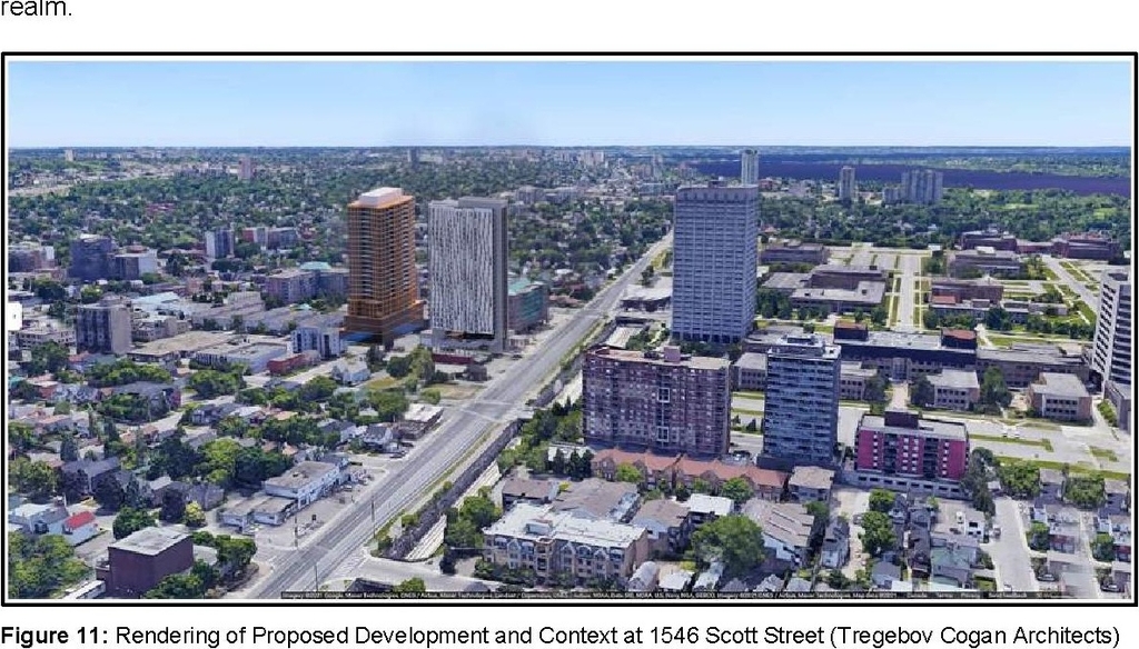 Rendering of building from page 10 of the file '2022-10-03 - Urban Design Brief - D07-12-21-0216'