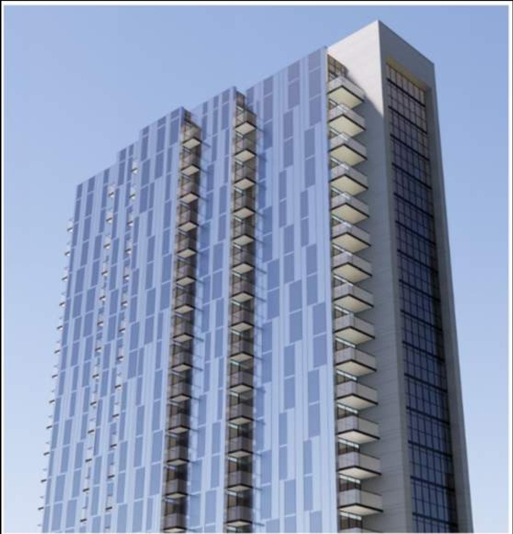 Rendering of building from page 26 of the file '2022-10-03 - Urban Design Brief - D07-12-21-0216'