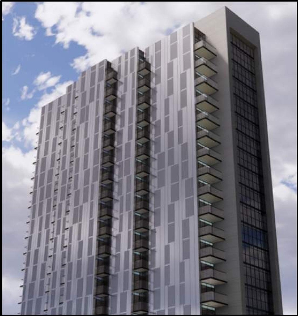 Rendering of building from page 26 of the file '2022-10-03 - Urban Design Brief - D07-12-21-0216'