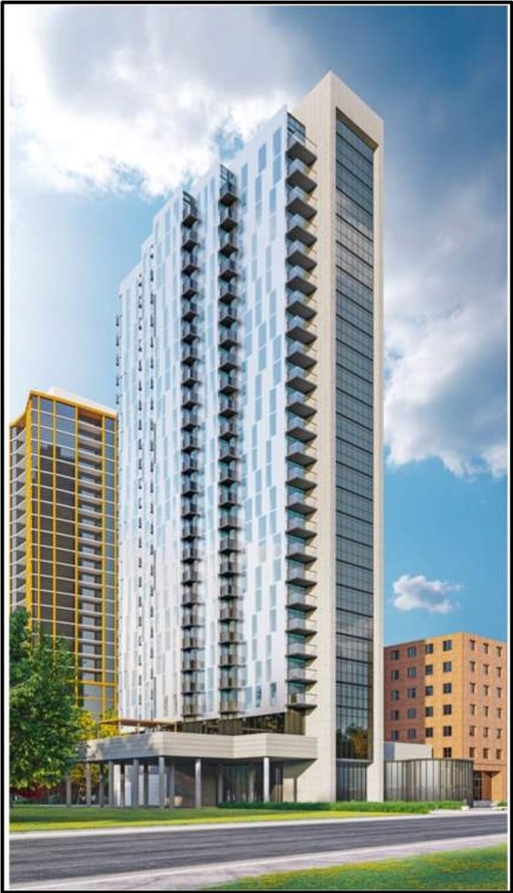 Rendering of building from page 27 of the file '2022-10-03 - Urban Design Brief - D07-12-21-0216'