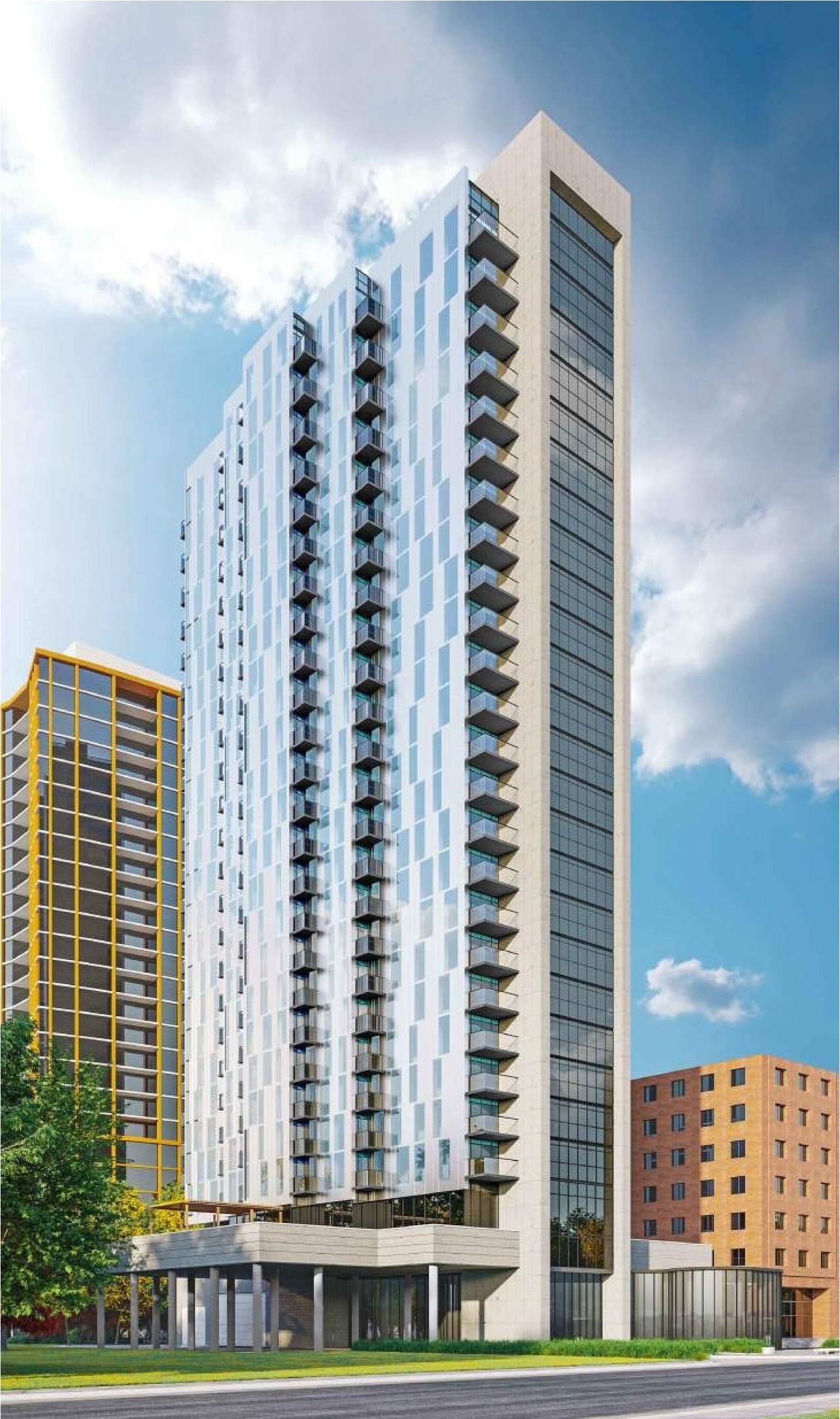 Rendering of building from page 28 of the file '2022-10-03 - Urban Design Brief - D07-12-21-0216'