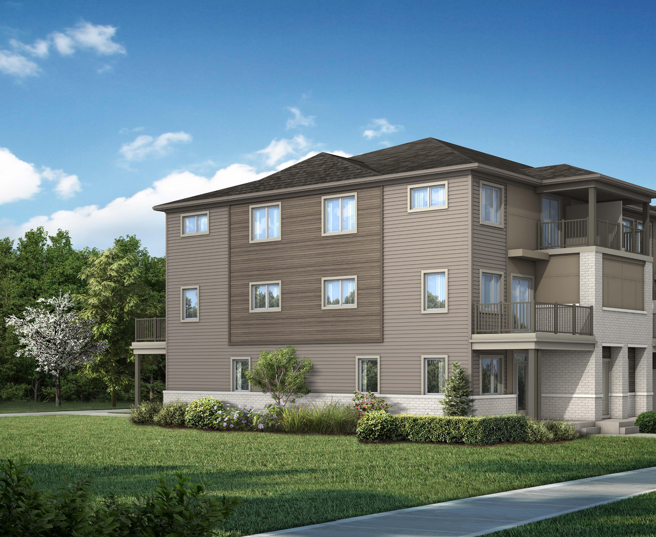 Rendering of building from page 1 of the file '2023-06-13 - Rendering of Stacked End Unit - D07-12-21-0224'