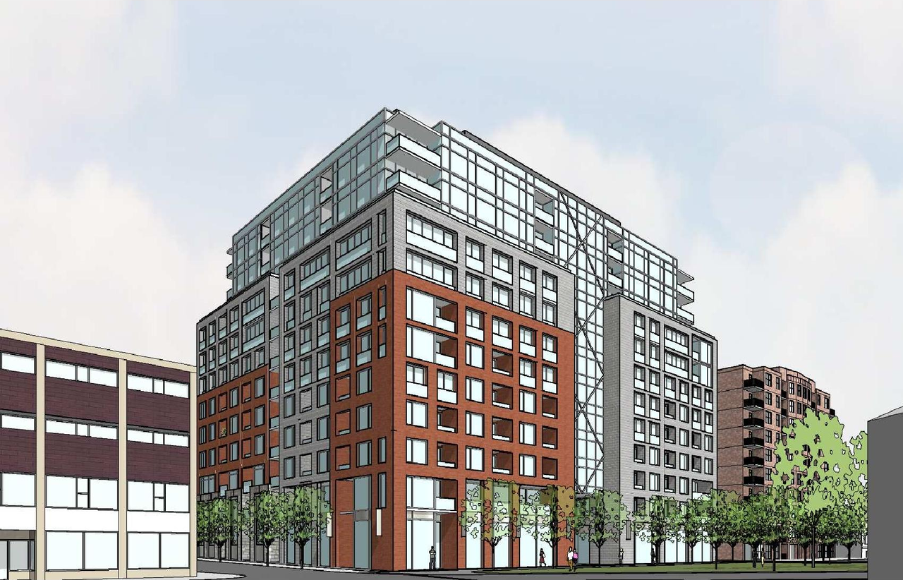 Rendering of building from page 1 of the file '2022-03-28 - Planning Rationale and Design Brief - D07-12-21-0228'