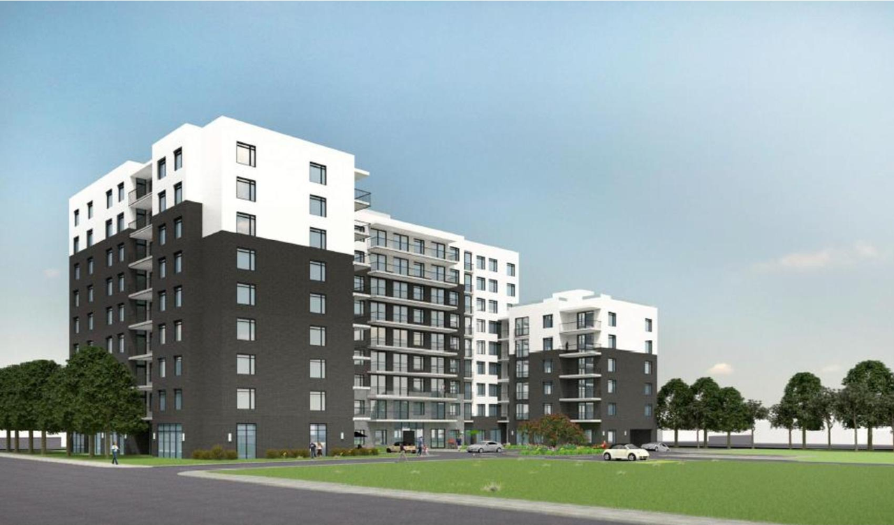 Rendering of building from page 1 of the file '2022-02-03 - Planning Rationale & Design Brief - D07-12-21-0233'