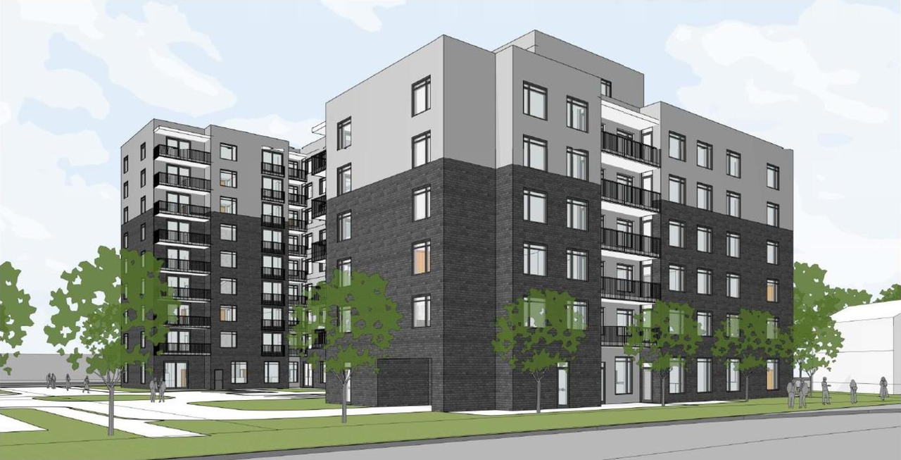 Rendering of building from page 11 of the file '2022-02-03 - Planning Rationale & Design Brief - D07-12-21-0233'
