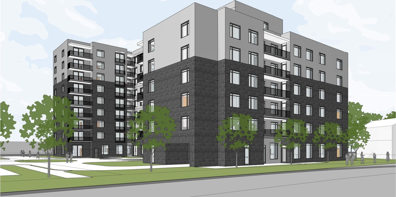 Rendering of building from page 6 of the file '2022-02-03 - Elevations & Perspective - D07-12-21-0233'