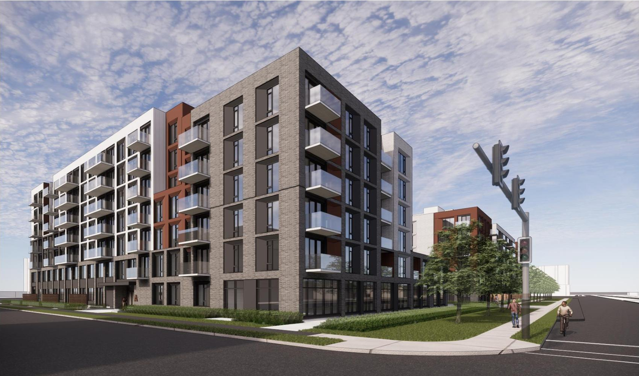 Rendering of building from page 1 of the file '2021-12-30 - Planning Rationale and Design Brief - D07-12-21-0238'