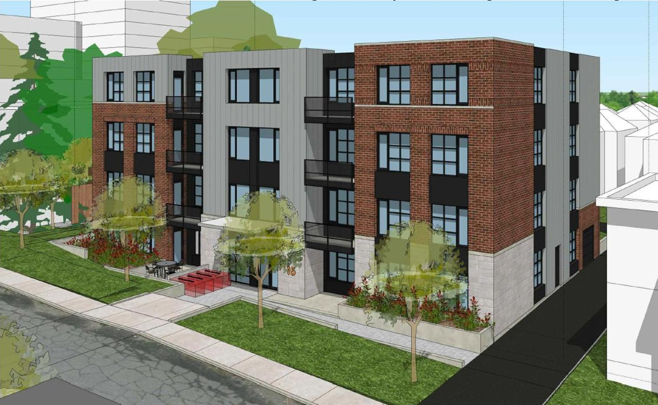 Rendering of building from page 22 of the file '2022-02-22 - Planning Rationale & Design Brief - D07-12-22-0027'