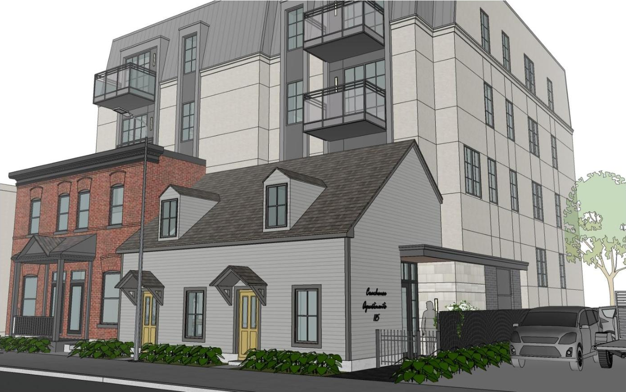Rendering of building from page 14 of the file '2022-03-01 - Planning Rationale & Design Brief - D07-12-22-0034'