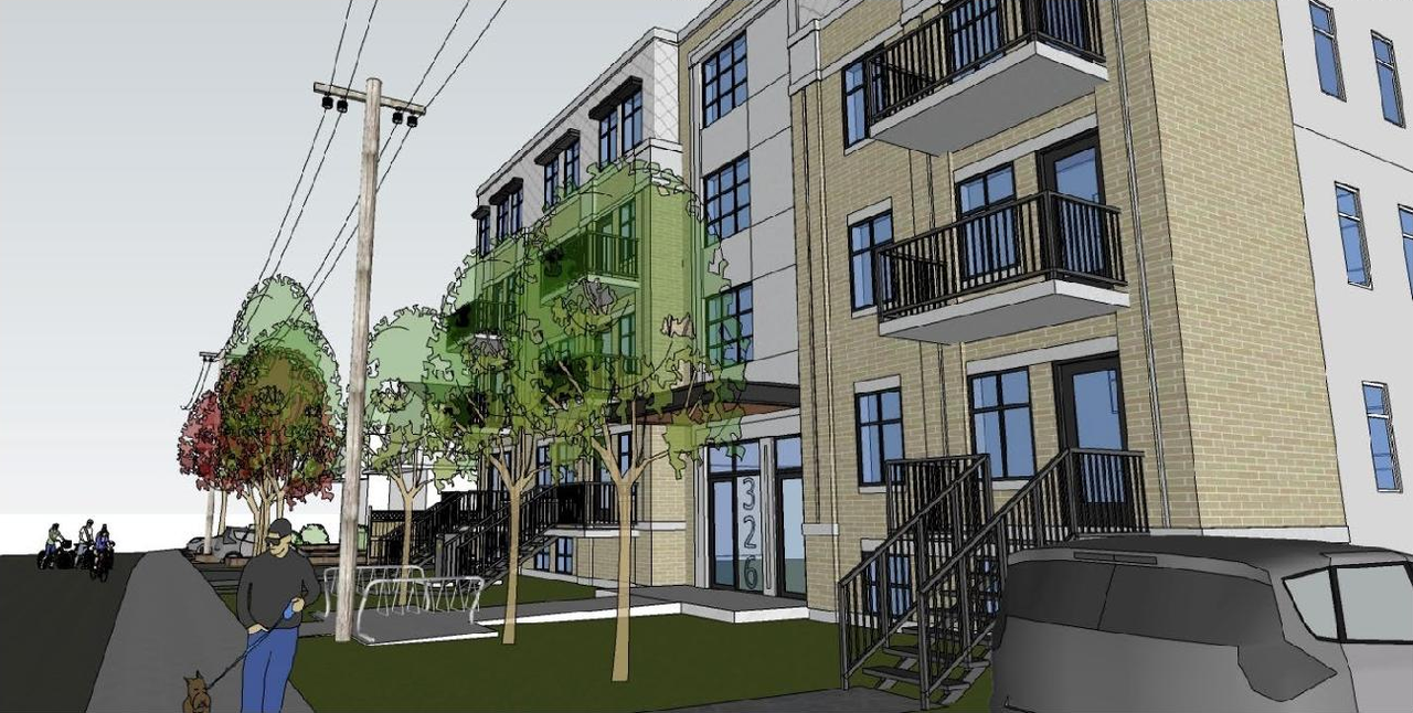 Rendering of building from page 23 of the file '2022-03-28 - Planning Rationale & Design Brief - D07-12-22-0049'