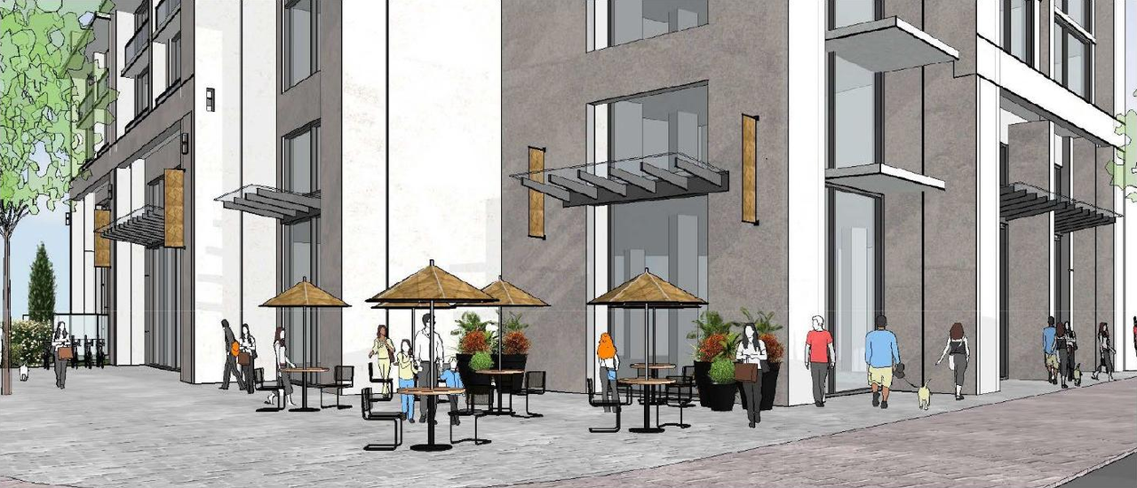 Rendering of building from page 19 of the file '2022-04-25 - Planning Rationale & Design Brief - D07-12-22-0067'