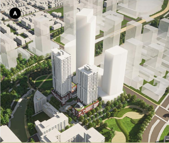 Rendering of building from page 18 of the file '2022-04-26 - Planning Rationale and Design Brief - D07-12-22-0069'