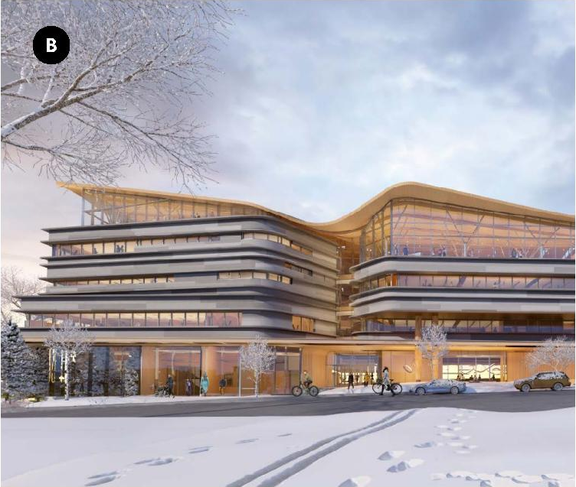 Rendering of building from page 18 of the file '2022-04-26 - Planning Rationale and Design Brief - D07-12-22-0069'
