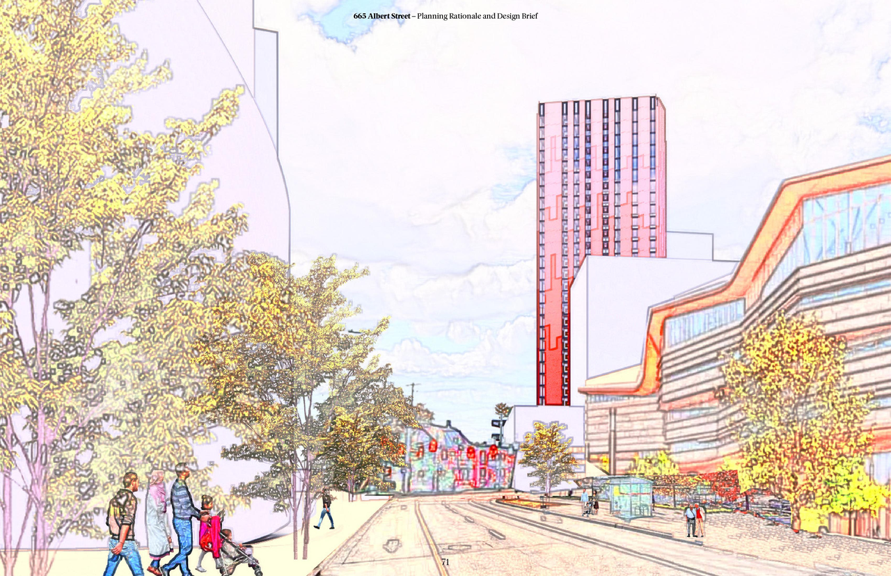 Rendering of building from page 71 of the file '2022-04-26 - Planning Rationale and Design Brief - D07-12-22-0069'
