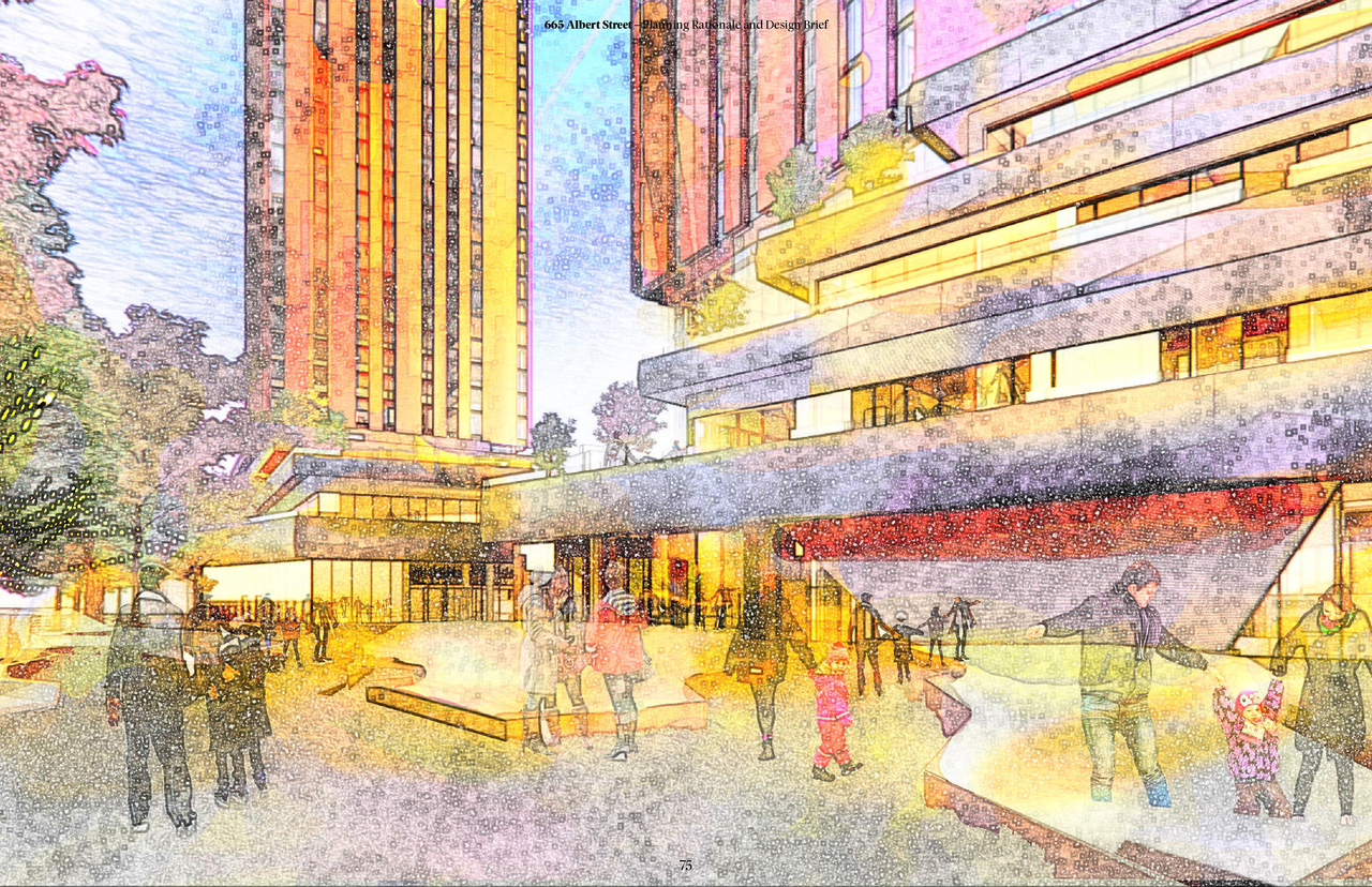 Rendering of building from page 75 of the file '2022-04-26 - Planning Rationale and Design Brief - D07-12-22-0069'
