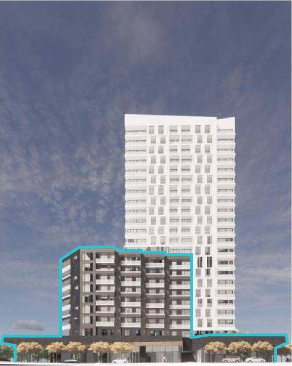 Rendering of building from page 30 of the file '2022-04-27 - Architectural Design Brief - D07-12-22-0071'