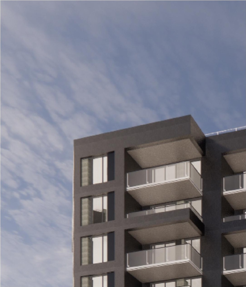 Rendering of building from page 30 of the file '2022-06-03 - Urban Design Review Panel Presentation - D07-12-22-0071'