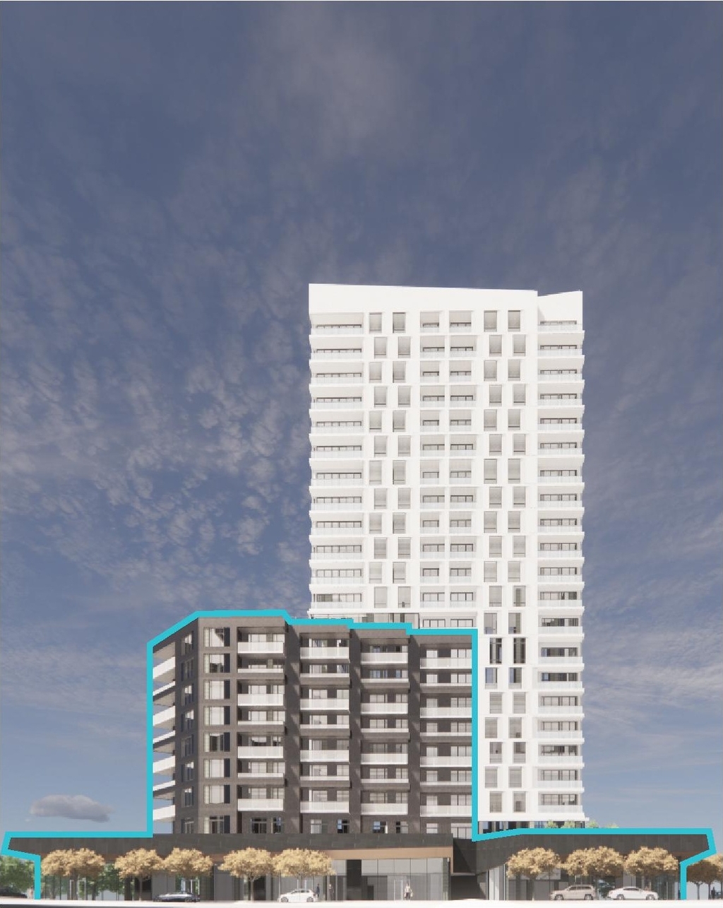 Rendering of building from page 30 of the file '2022-06-03 - Urban Design Review Panel Presentation - D07-12-22-0071'