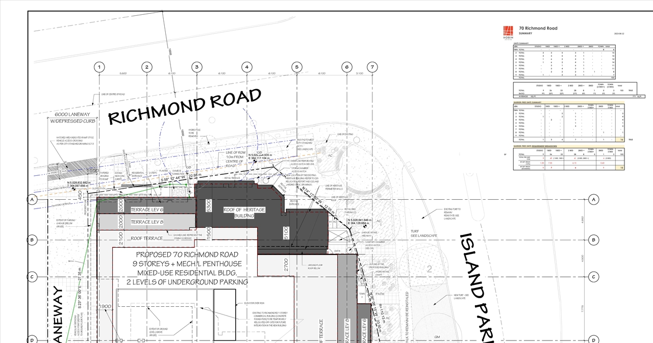 Construction site plan for project from page 1 of the file '2023-06-28 - Site, Heritage Floor , Elevation Sections, Views Plans - D07-12-22-0082'