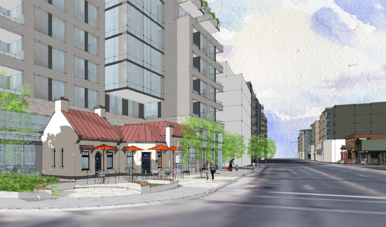 Rendering of building from page 1 of the file '2022-05-16 - Planning Rationale & Design Brief - D07-12-22-0082'