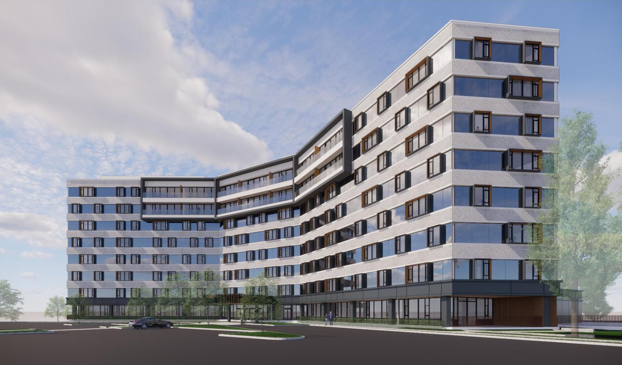 Rendering of building from page 1 of the file '2022-05-24 - Planning Rationale and Design Brief - D07-12-22-0084'