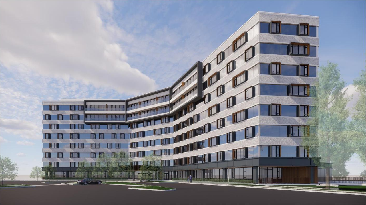 Rendering of building from page 14 of the file '2022-05-24 - Planning Rationale and Design Brief - D07-12-22-0084'