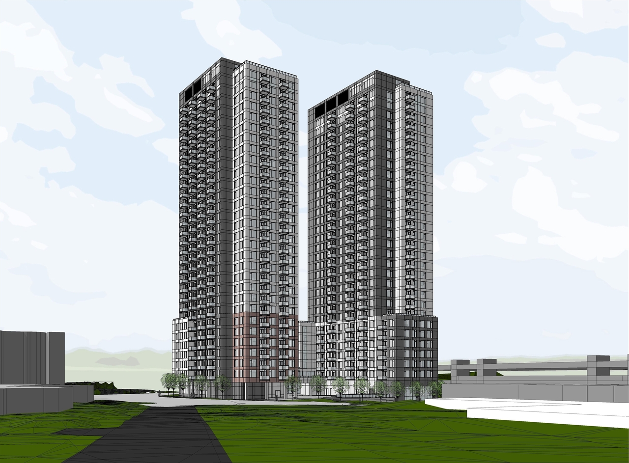Rendering of building from page 16 of the file '2023-05-09 - Floor, Elevations, materials, perspectives Plans - D07-12-22-0089'