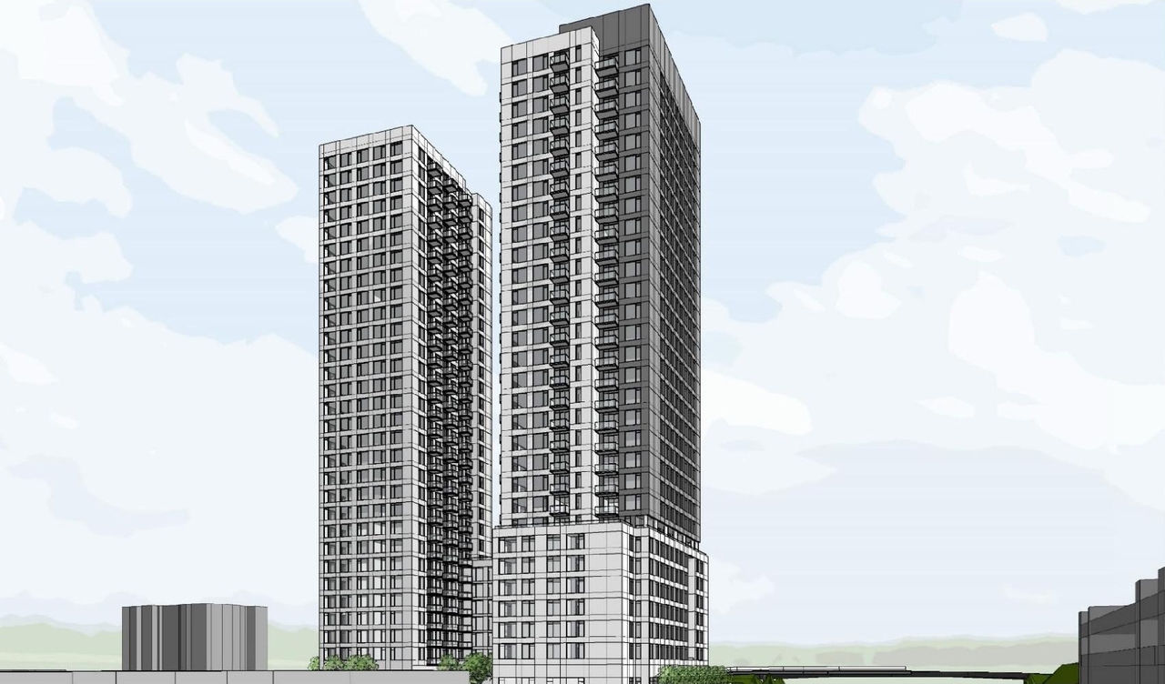 Rendering of building from page 1 of the file '2022-05-25 - Planning Rationale and Design Brief - D07-12-22-0089'