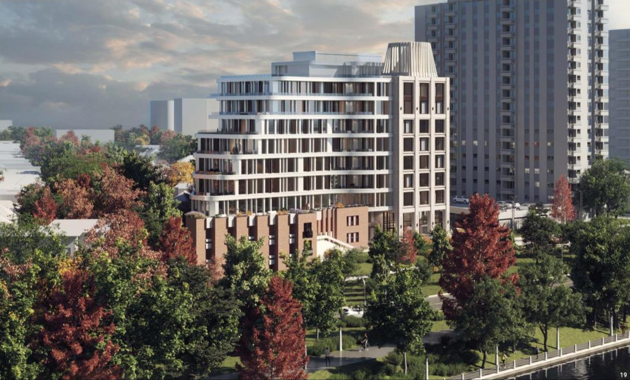 Rendering of building from page 4 of the file '2022-06-16 - Design Brief - D07-12-22-0100'