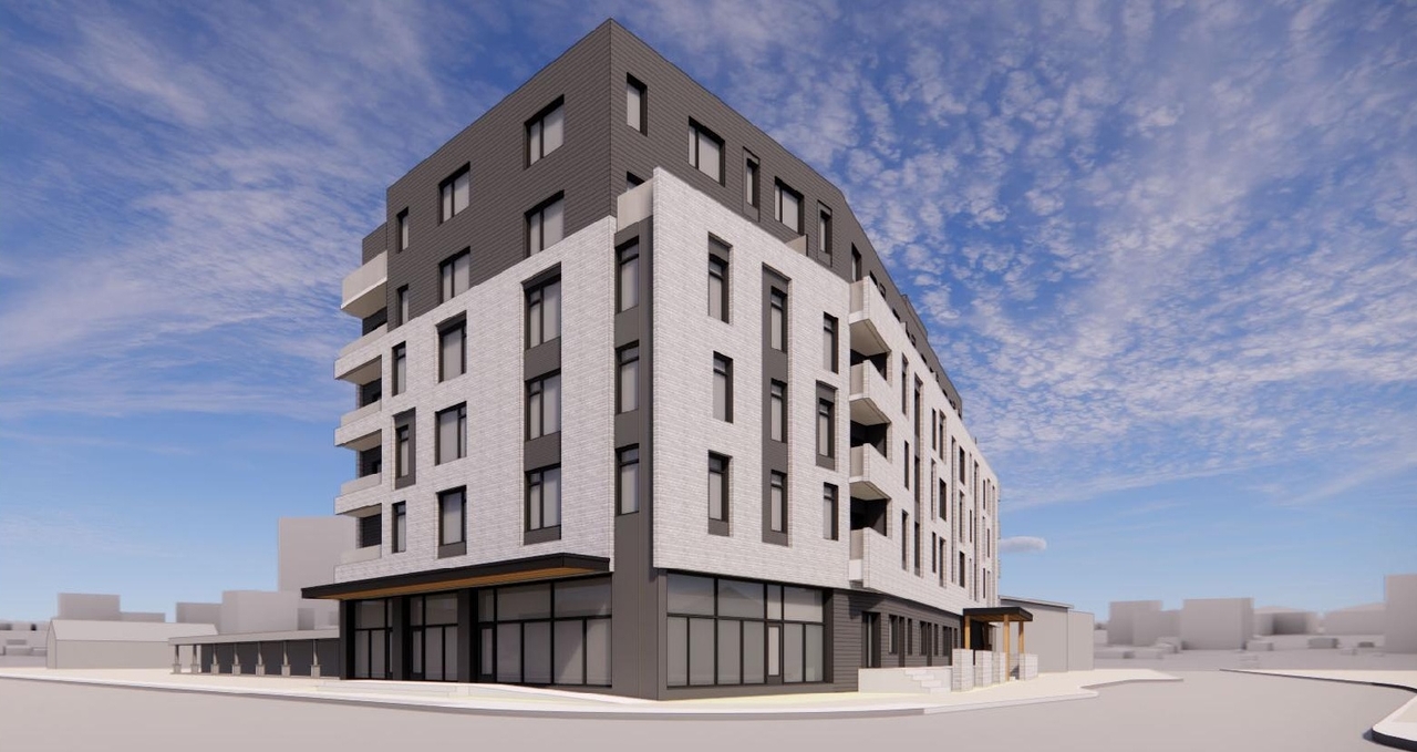 Rendering of building from page 6 of the file '2022-06-23 - Design Brief - D07-12-22-0102'