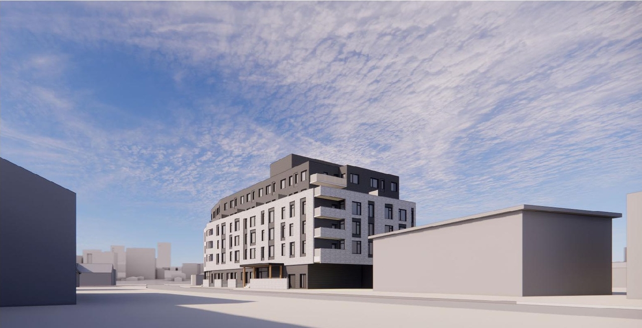 Rendering of building from page 7 of the file '2022-06-23 - Design Brief - D07-12-22-0102'