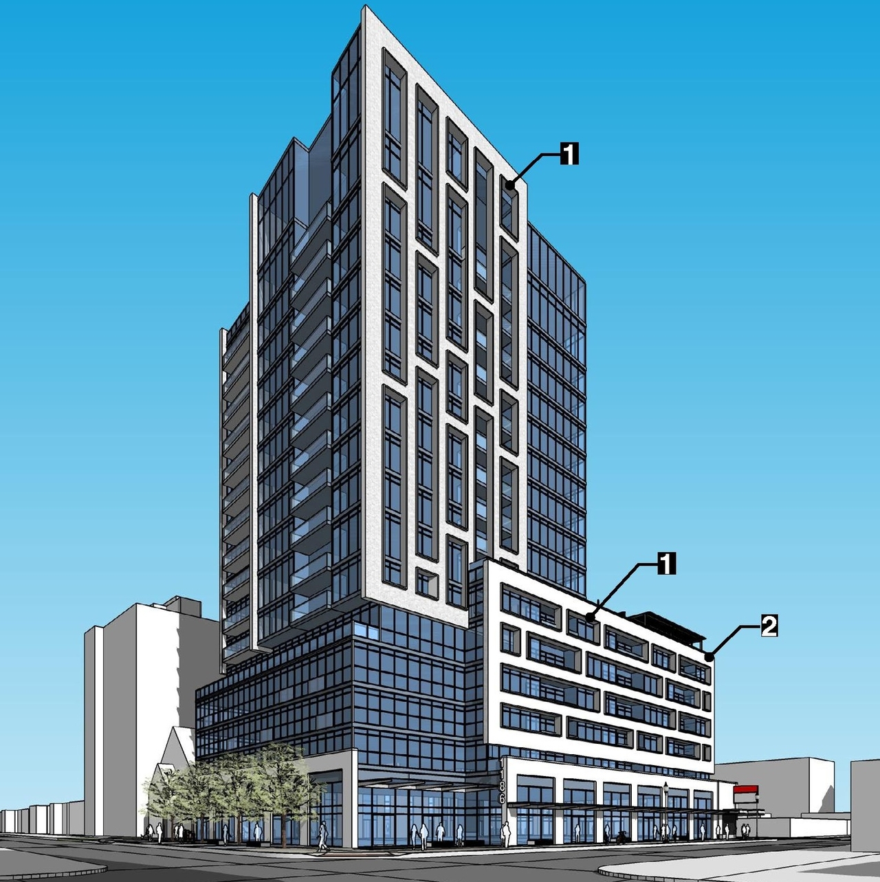 Rendering of building from page 8 of the file '2022-12-14 - Design Brief - D07-12-22-0105'