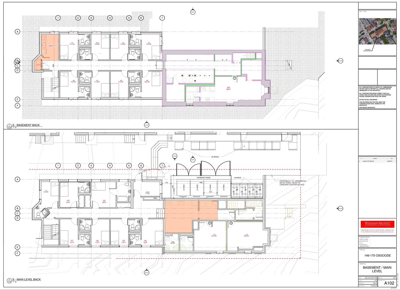 Construction site plan for project from page 1 of the file '2023-02-10 - Floor Plans Elevations - 68 Sweetland Ave 146 Osgoode St - D02-02-22-0067 D07-12-22-'