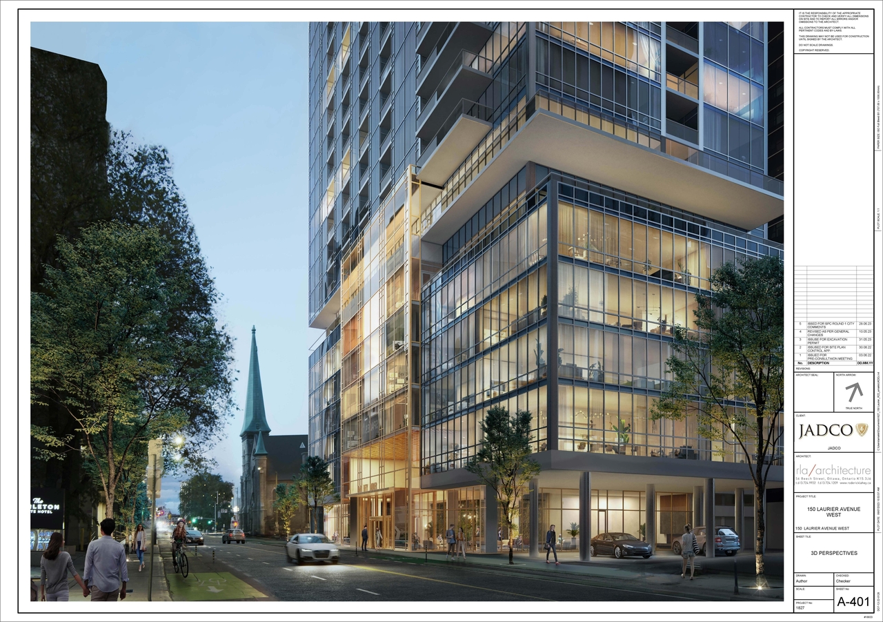 Rendering of building from page 10 of the file '2023-07-13 - Elevation, Floor, Sunshade, Perspectives Plans - D07-12-22-0128'