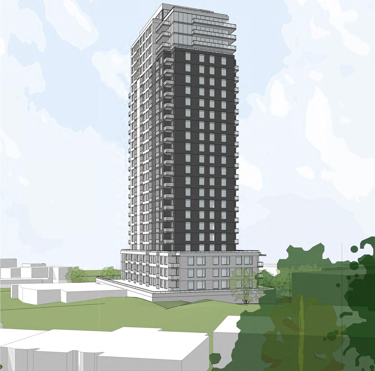 Rendering of building from page 12 of the file '2023-04-14 - Floor, Sun, Elevation, Views Plans - D07-12-22-0132'