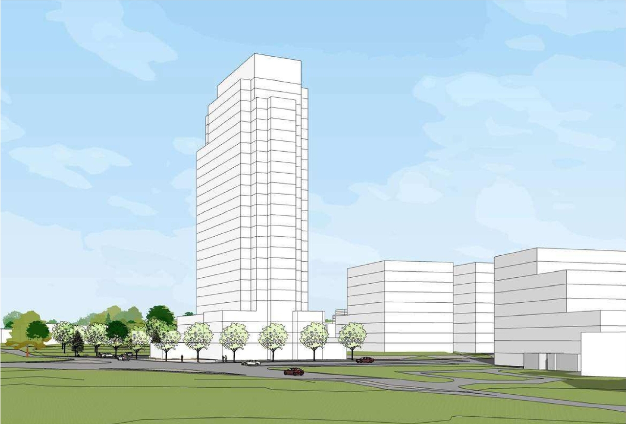 Rendering of building from page 1 of the file '2022-09-01 - View Analysis - Proposed Design with Combined with Key Plan - D07-12-22-0132'