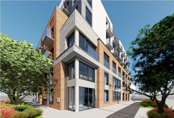 Rendering of building from page 8 of the file '2024-12-23 - Design Brief - D07-12-22-0165'