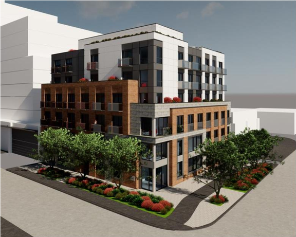 Rendering of building from page 8 of the file '2024-12-23 - Design Brief - D07-12-22-0165'