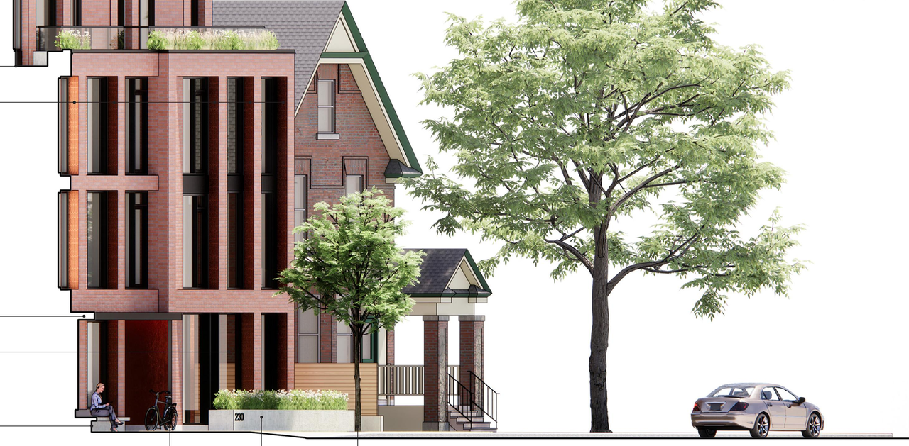 Rendering of building from page 10 of the file '2022-12-02 - Design Brief - D07-12-22-0166'