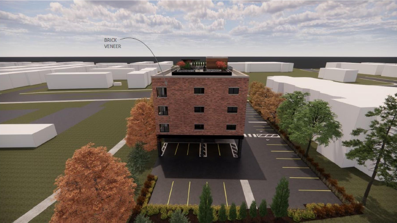 Rendering of building from page 29 of the file '2022-12-22 - Planning Rationale and Design Brief - D07-12-22-0182'
