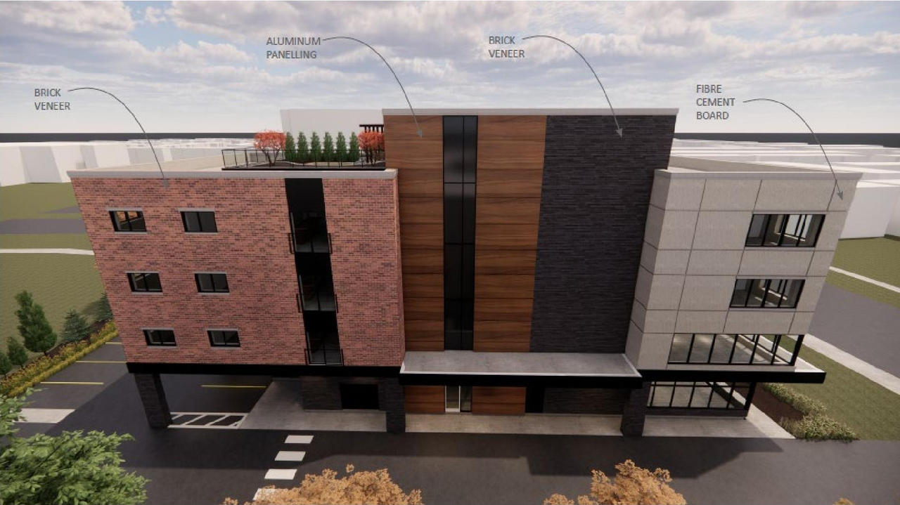 Rendering of building from page 30 of the file '2022-12-22 - Planning Rationale and Design Brief - D07-12-22-0182'
