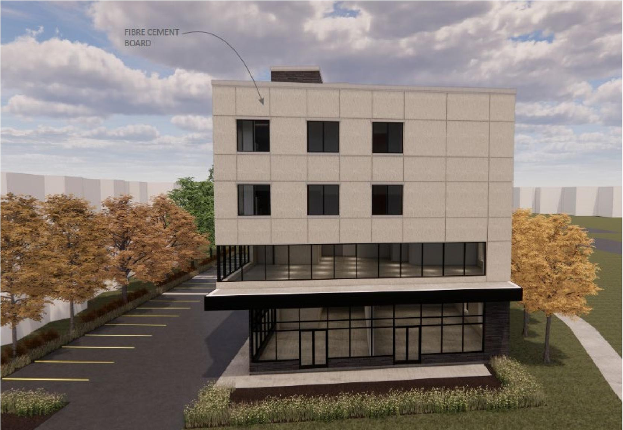 Rendering of building from page 31 of the file '2022-12-22 - Planning Rationale and Design Brief - D07-12-22-0182'