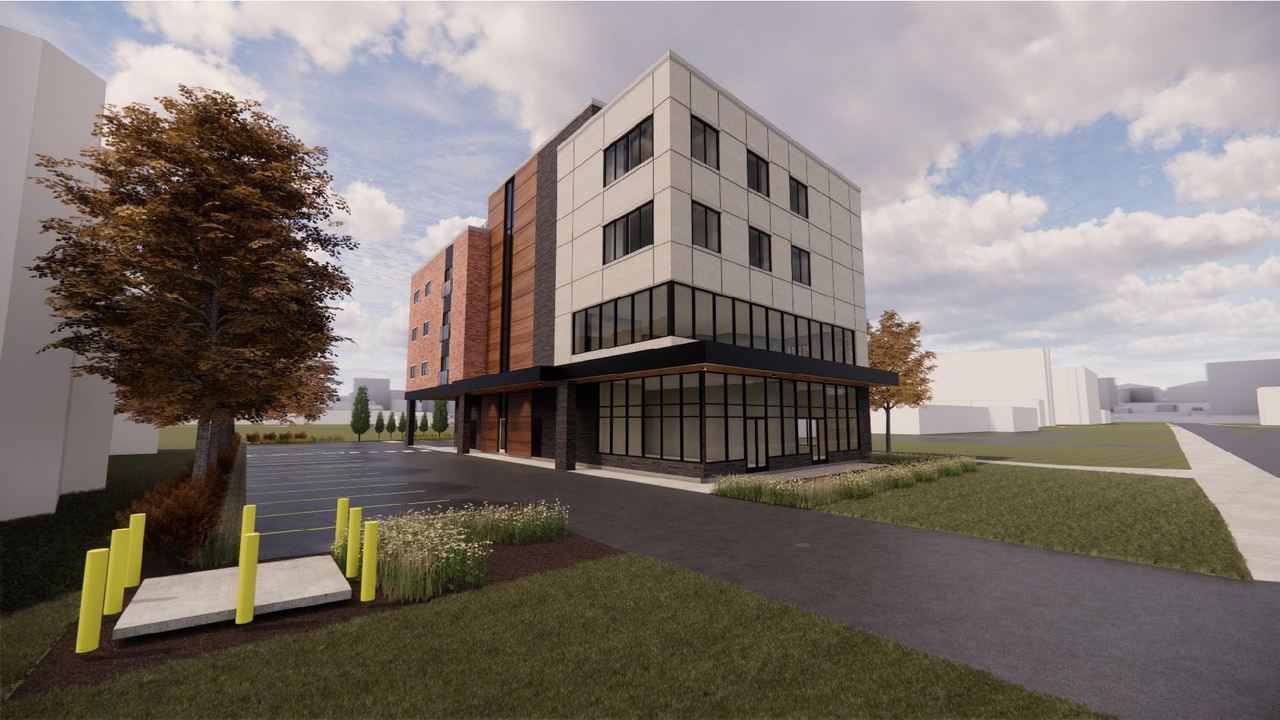 Rendering of building from page 32 of the file '2022-12-22 - Planning Rationale and Design Brief - D07-12-22-0182'