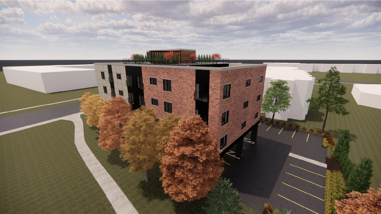 Rendering of building from page 33 of the file '2022-12-22 - Planning Rationale and Design Brief - D07-12-22-0182'