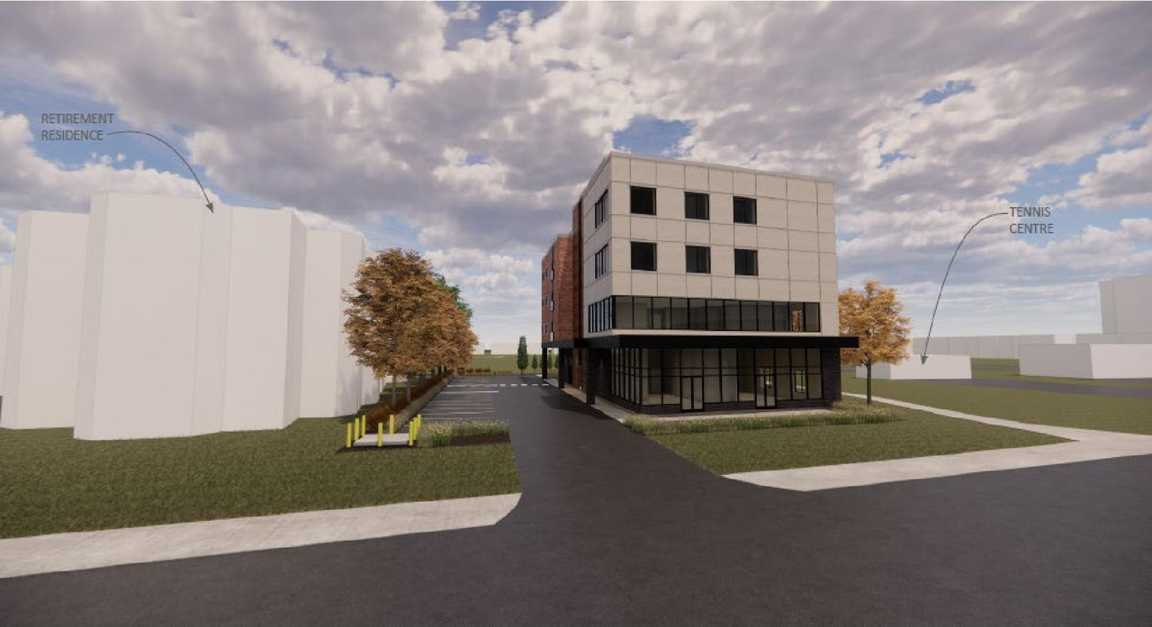Rendering of building from page 36 of the file '2022-12-22 - Planning Rationale and Design Brief - D07-12-22-0182'
