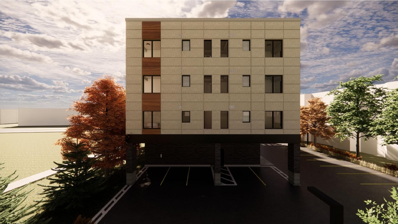 Rendering of building from page 29 of the file '2023-09-05 - PLANNING RATIONALE & DESIGN BRIEF - D07-12-22-0182'