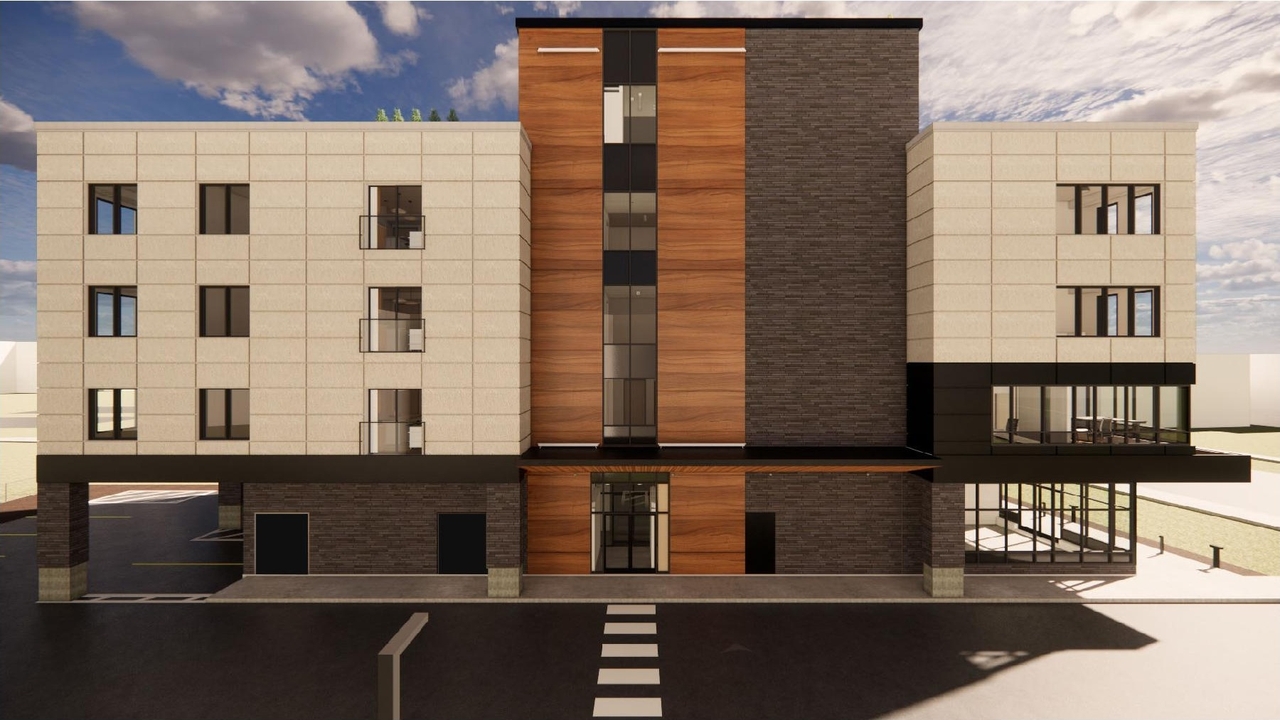 Rendering of building from page 30 of the file '2023-09-05 - PLANNING RATIONALE & DESIGN BRIEF - D07-12-22-0182'