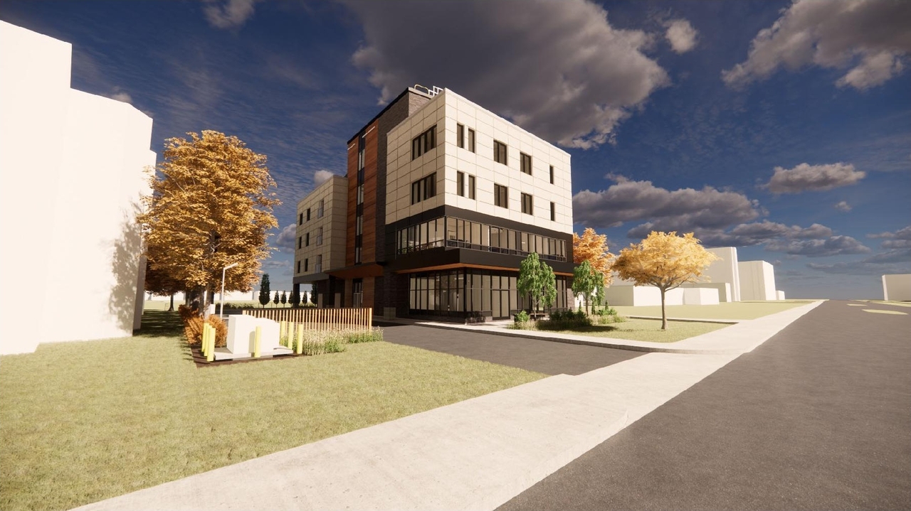 Rendering of building from page 32 of the file '2023-09-05 - PLANNING RATIONALE & DESIGN BRIEF - D07-12-22-0182'