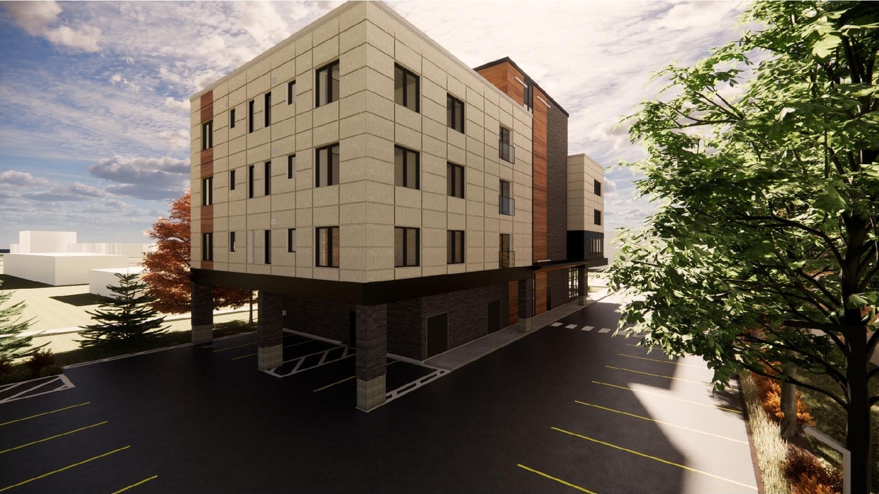 Rendering of building from page 33 of the file '2023-09-05 - PLANNING RATIONALE & DESIGN BRIEF - D07-12-22-0182'